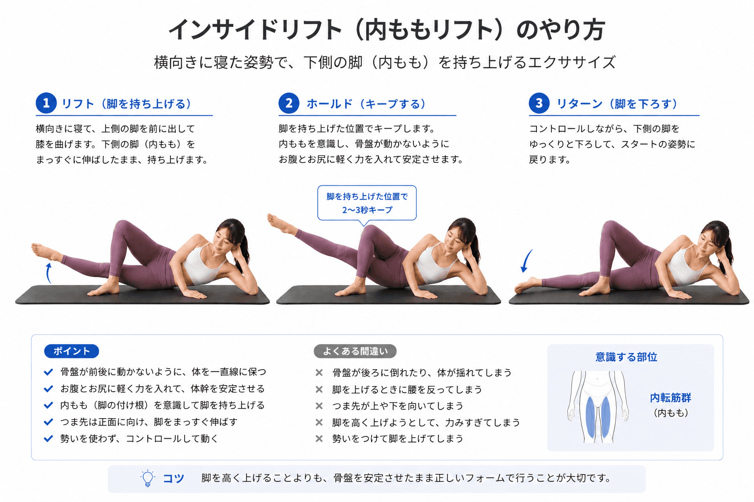 ピラティスの「インサイドリフト」とは?内ももと体幹を同時に鍛える安定エクササイズのイメージ