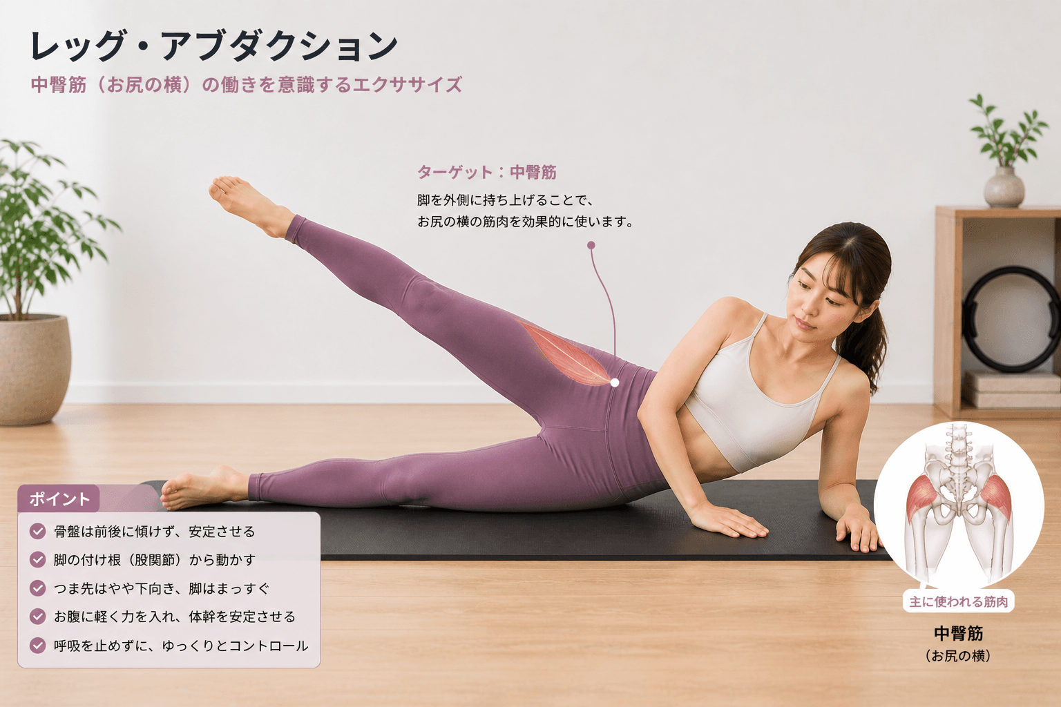 ピラティスの「レッグアブダクション」とは?股関節外転と骨盤安定を高める基礎エクササイズの動作イメージ
