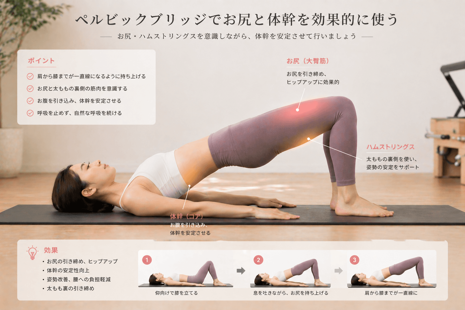 ピラティスの「ペルビック・ブリッジ」とは?骨盤と背骨を整える基本エクササイズの動作イメージ