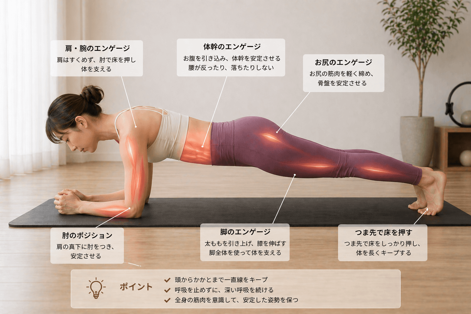 ピラティスの「プランクキープ」とは?全身の安定性を高める体幹トレーニングの動作イメージ