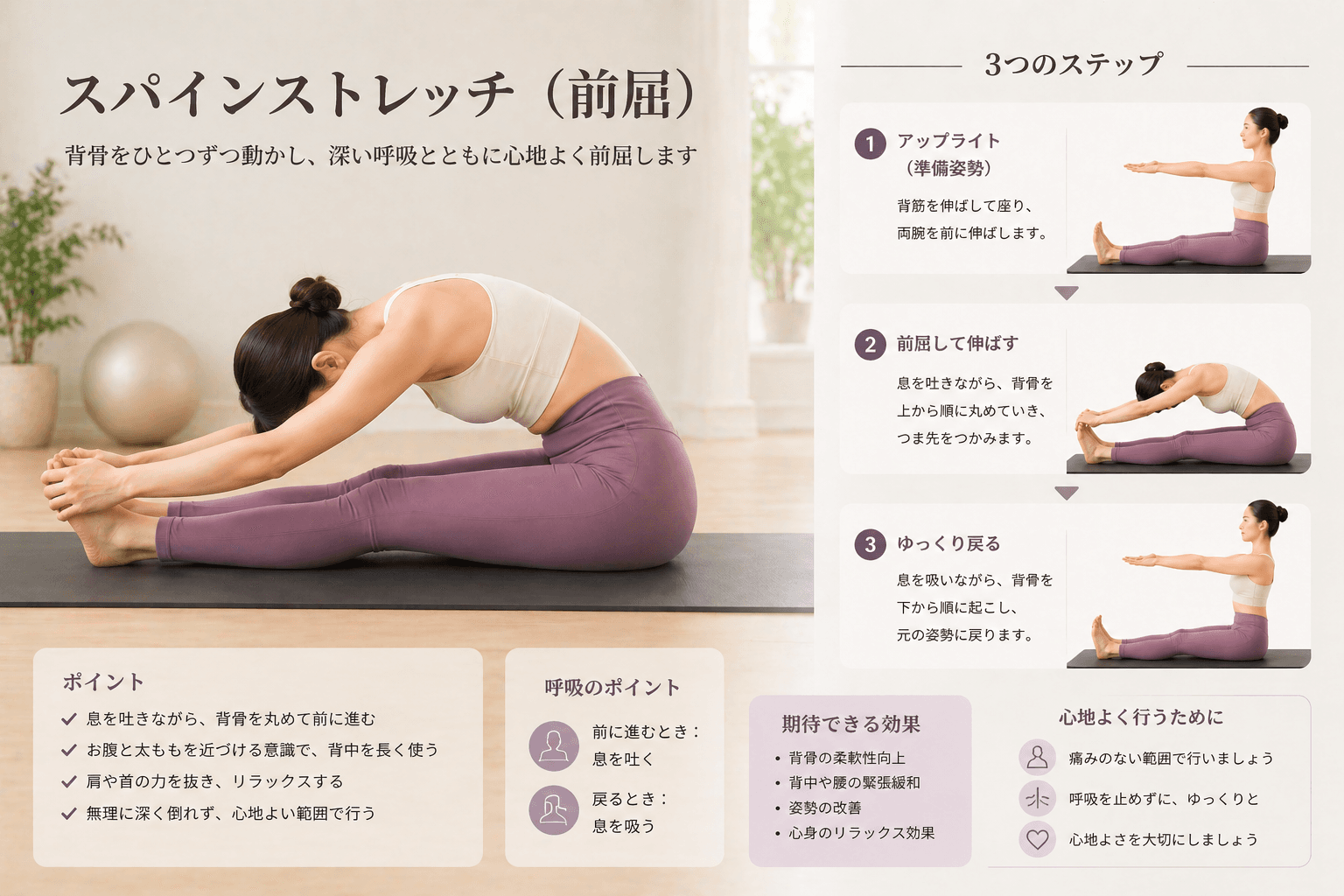 ピラティスの「スパイン・ストレッチ」とは?背骨の柔軟性と姿勢改善を高める基本エクササイズの動作イメージ