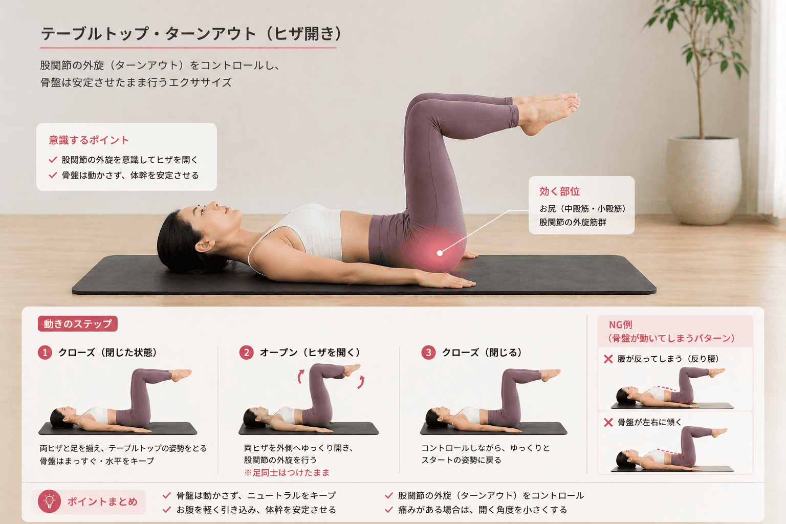 ピラティスの「テーブルターンアウト」とは?股関節と体幹の連動を高めるコントロールエクササイズの動作イメージ